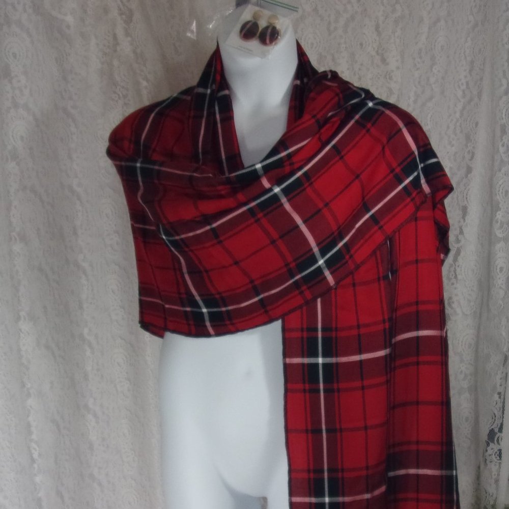 Tartan Red Black White Plaid Wrap Scarf With Matching Pierced Earrings NWOT